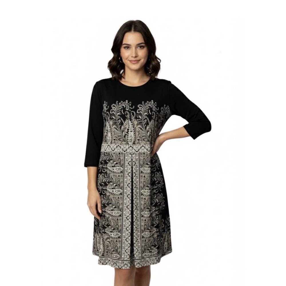 J. Jill Wearever Women's Black 3/4 Sleeve Paisley Shift Dress Career Size Small